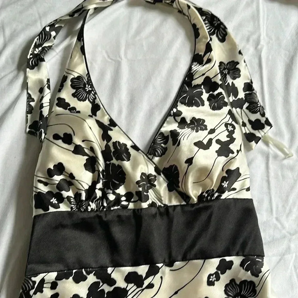 WHITE HOUSE BLACK MARKET Dress 4 Satin Floral Print Halter Black Off White - Picture 3 of 6